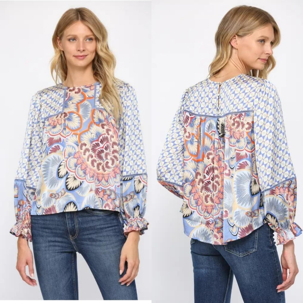 Fate NWT Women's Lace Detail Floral Peasant Blouse in Blue and Orange Size S‎